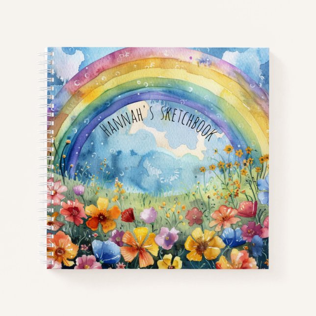 Rainbow Flower Garden Individuelle Name Sketchbook Notizbuch (Vorderseite)