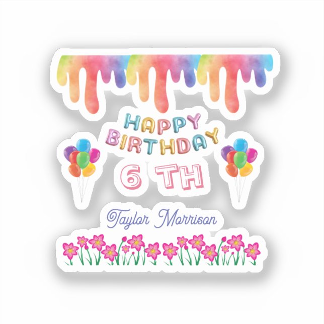 Rainbow Flowers Happy Birthday Square Sticker (Vorderseite)
