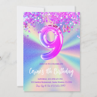 Rainbow Foil Girl Nine Geburtstagsparty Einladung