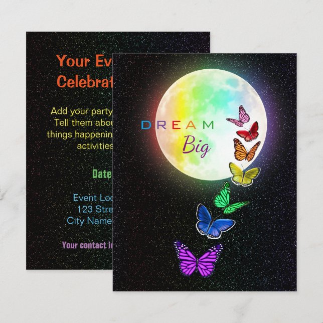 Rainbow Full Moon & Rainbow Butterfets Dream Big Einladung (Vorne/Hinten)