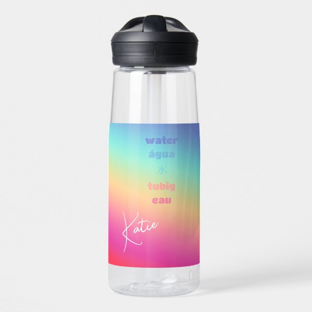 Rainbow Fun Chug, Name + 5 Benutzerdefinierte Text Trinkflasche (Vorne)