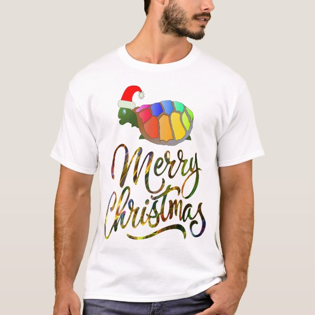 Rainbow Funny Turtle Wear Weihnachtsmannmütze Weih T-Shirt (Vorderseite)