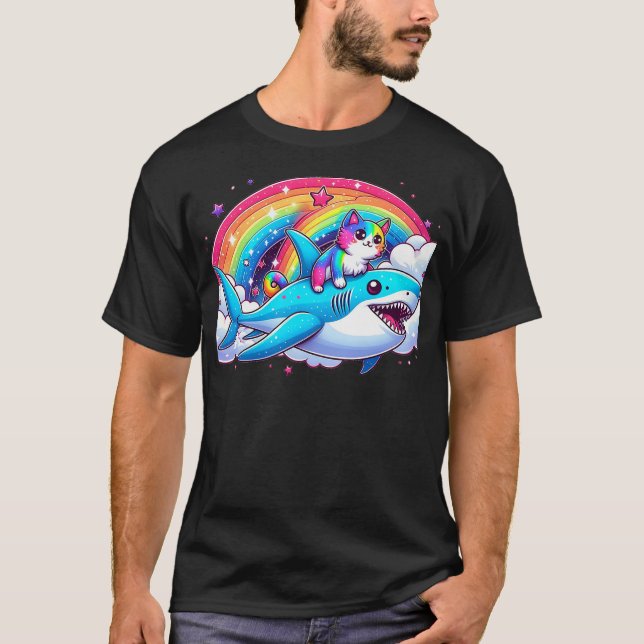 Rainbow Galaxy Cat Riding Shark in Space funny Cat T-Shirt (Vorderseite)