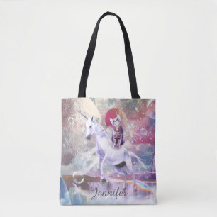 Rainbow Galaxy Katze, die im Weltraum einhorn reit