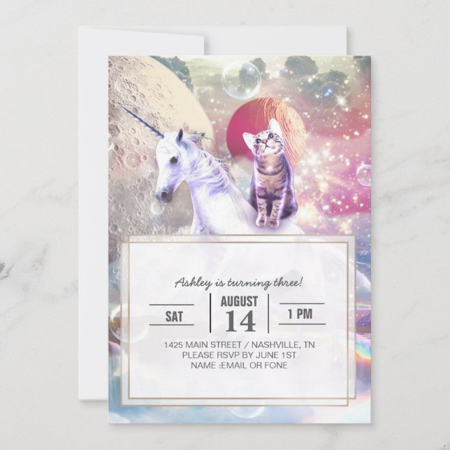 Rainbow Galaxy Katze, die im Weltraum einhorn reit Einladung (Vorderseite)