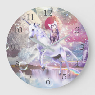 Rainbow Galaxy Katze, die im Weltraum einhorn reit Große Wanduhr