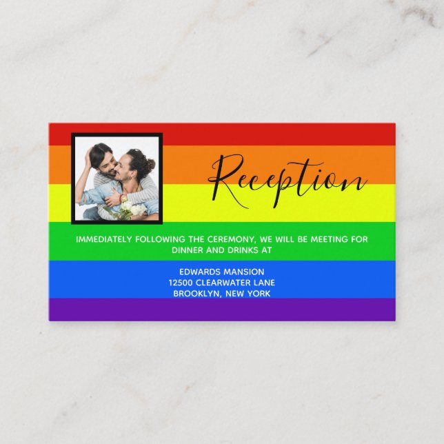 Rainbow Gay Pride Couple Foto Hochzeitsempfang Begleitkarte (Vorderseite)