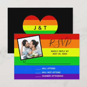 Rainbow Gay Pride Couple Foto Striping Wedding RSVP Karte