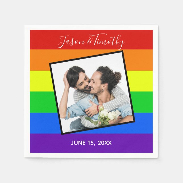 Rainbow Gay Pride Custom Couple Foto Bold Wedding Serviette (Vorderseite)