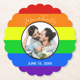 Rainbow Gay Pride Custom Couple Foto Bold Wedding Untersetzer