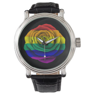 Rainbow Gay Pride Rose Flag Schwarz Armbanduhr