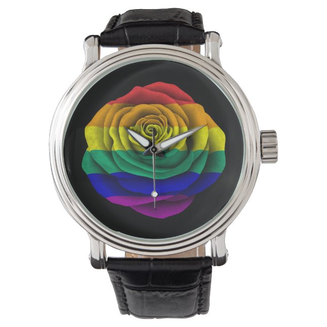 Rainbow Gay Pride Rose Flag Schwarz Armbanduhr (Vorderseite)