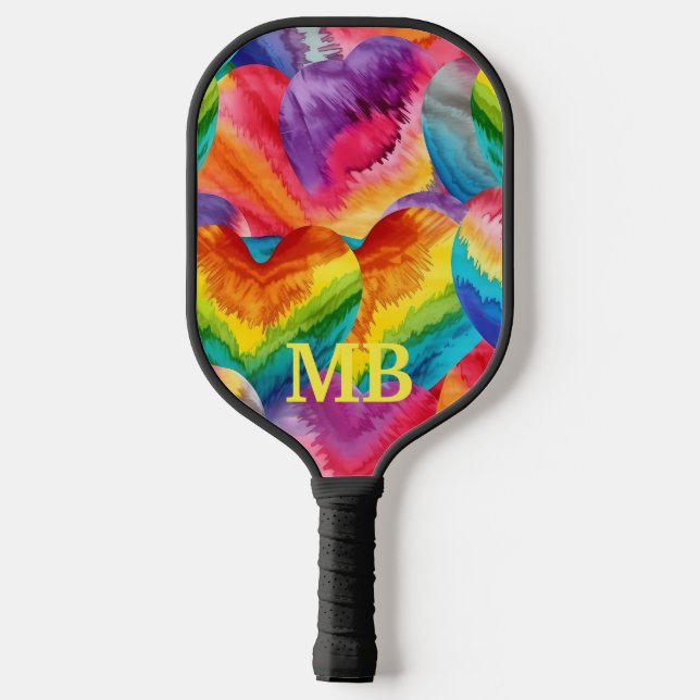 Rainbow Gefärbte Krawatte Hearts Monogramm Pickleball Schläger (Rückseite)