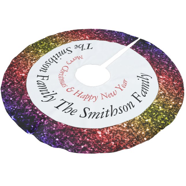 Rainbow-gelbe rote lila Glitzern Persönlich Polyester Weihnachtsbaumdecke (Schrägansicht)