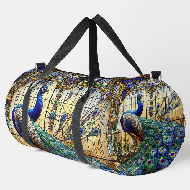 Rainbow-gestanztes Glass Peacock Große Duffel-Tasc Duffle Bag (Linke Ecke)