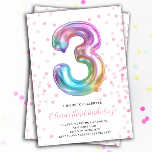 Rainbow Girl 3. Geburtstag Party Ballonnummer Einladung (Rainbow Ballon 3rd Birthday Girl Invitation Kids Party Invite)