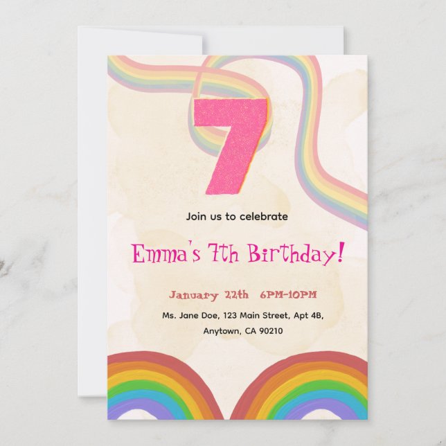 Rainbow Girl 7th Birthday Invitation Einladung (Vorderseite)