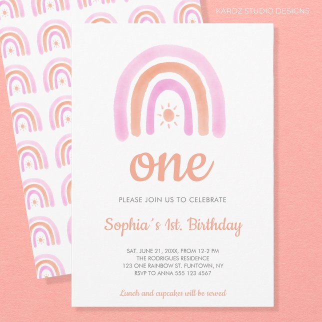 Rainbow Girl's 1. Geburtstags-Party Einladung (Rainbow 1st Birthday Baby Girl Party Invitation)