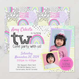 Rainbow Girl's 2. Geburtstag Kawaii Doodles 2-Foto Einladung
