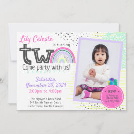 Rainbow Girl's 2. Geburtstag Kawaii Doodles Foto Einladung