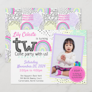 Rainbow Girl's 2. Geburtstag Kawaii Doodles Foto Einladung
