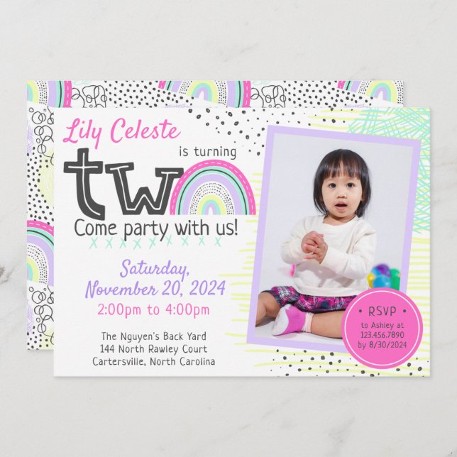 Rainbow Girl's 2. Geburtstag Kawaii Doodles Foto Einladung (Vorne/Hinten)