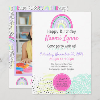 Rainbow Girl's 90er Geburtstag Kawaii Doodles Foto Einladung