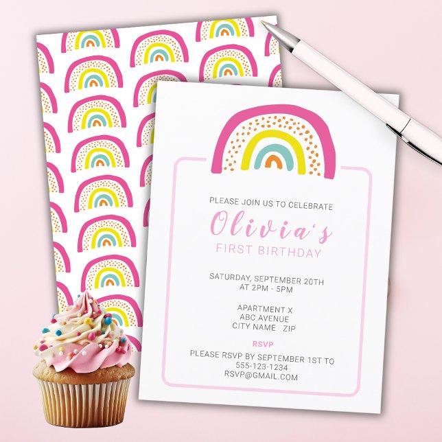 Rainbow Girls Erste Geburtstagsparty Einladung (Colorful Rainbow Girls Birthday party invitation with rainbow pattern to reverse. )