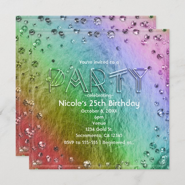 Rainbow Glam Imitats Foil Bling Party Einladungen (Vorne/Hinten)