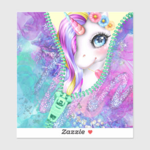 Rainbow Glam Weiße Einhorn Peek-A-Boo Reißverschlu Aufkleber