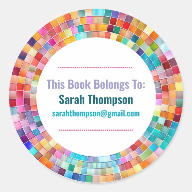 Rainbow Glass Mosaic Circle Frame Name Runder Aufkleber (Vorderseite)