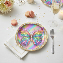 Rainbow Glitter Butterfly Party Paper Plates Pappteller