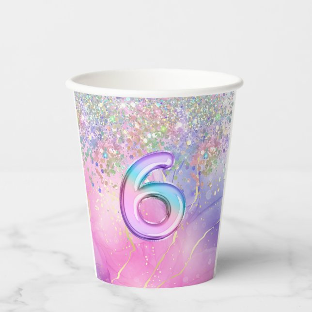 Rainbow Glitzer 6. Geburtstagsparty Pappbecher (Vorderseite)