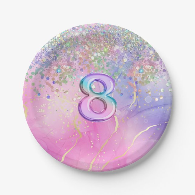 Rainbow Glitzer 8. Geburtstagsparty Pappteller (Vorderseite)