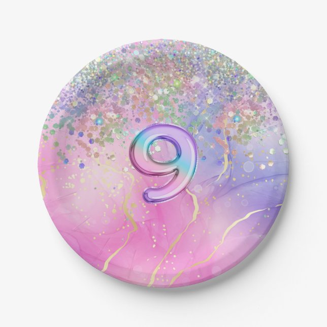 Rainbow Glitzer 9. Geburtstagsparty Pappteller (Vorderseite)