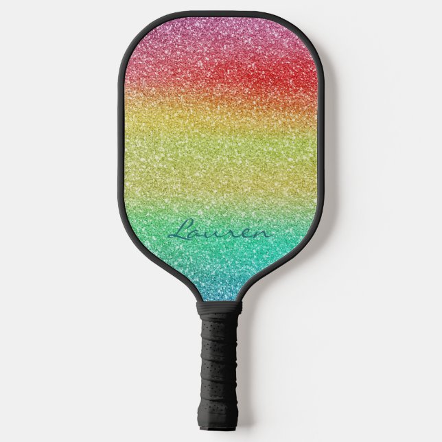 Rainbow Glitzer Aquamariner Name Pickleball Schläger (Rückseite)