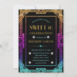 Rainbow Glitzer Art Deco Vintager Rahmen Sweet 16 Einladung