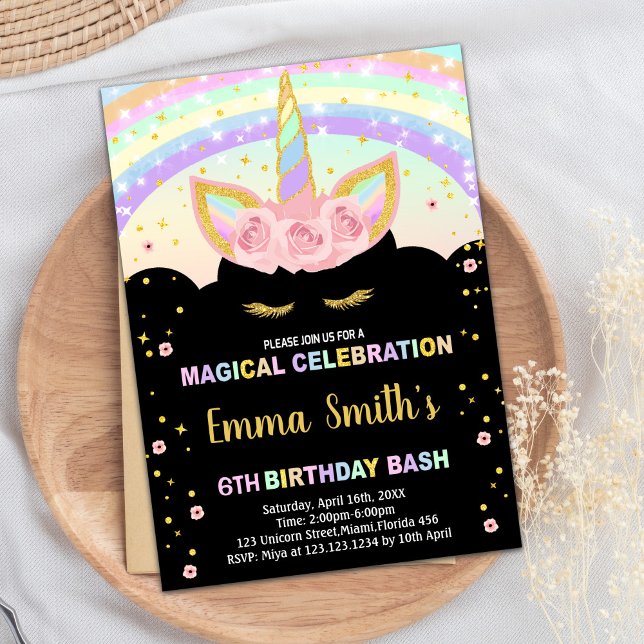 Rainbow Glitzer Black Unicorn Einladung zum Geburt (Rainbow Glitter Black Unicorn Birthday Invitations)