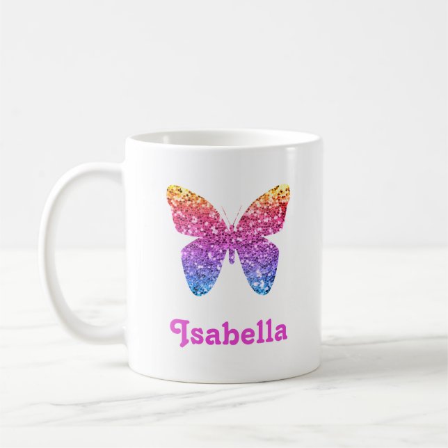 Rainbow Glitzer Butterfly Niedlich Girl Personalis Kaffeetasse (Links)