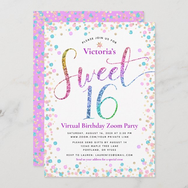 Rainbow Glitzer Confetti Virtual Sweet 16 Geburtst Einladung (Vorne/Hinten)