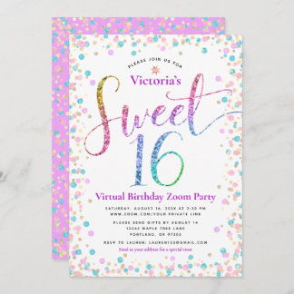 Rainbow Glitzer Confetti Virtual Sweet 16 Geburtst Einladung