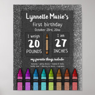 Rainbow Glitzer Crayon First Birthday Baby Shower Poster