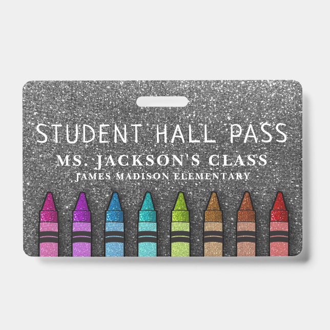 Rainbow Glitzer Crayons Teacher School Hall Pass Ausweis (Vorderseite)