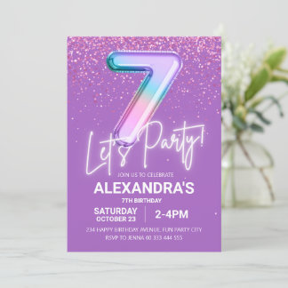 Rainbow Glitzer Girl 7. Geburtstag Ballon Neon Einladung