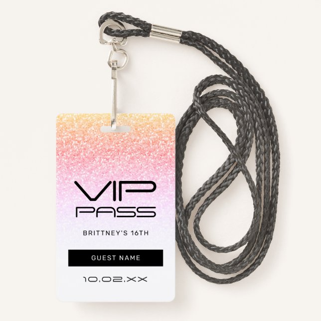 Rainbow Glitzer Glam VIP Pass 16. Einladung Ausweis (Vorderseite mit Schlüsselband)