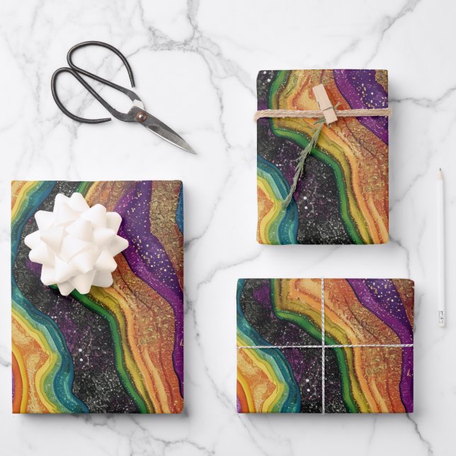 Rainbow-Glitzer-Gleitmuster-Party-Wrapping-Papier Geschenkpapier Set (Vorderseite)