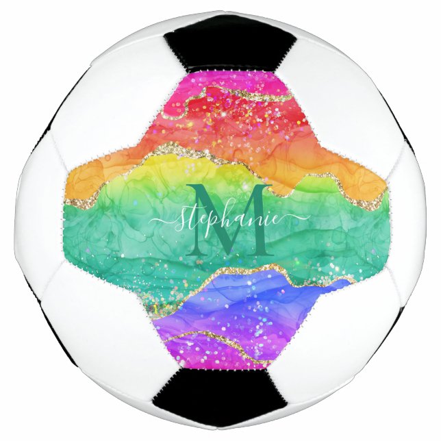 Rainbow Glitzer Gold Agate Monogram Fußball (Vorderseite)
