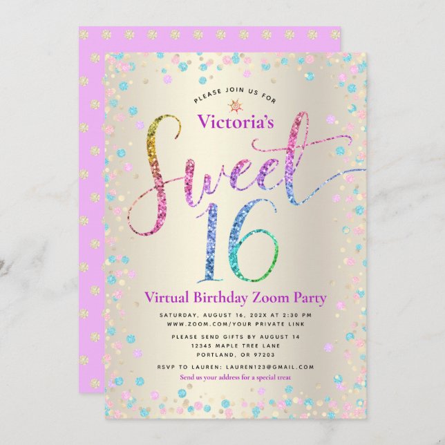 Rainbow Glitzer Gold Virtual Sweet 16 Geburtstag Einladung (Vorne/Hinten)