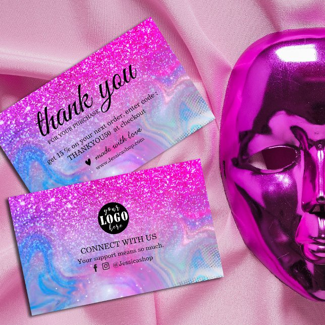 Rainbow Glitzer holografisch danke Visitenkarte (Sparkle and shine with gratitude! Rainbow holographic and hot pink glitter business cards)