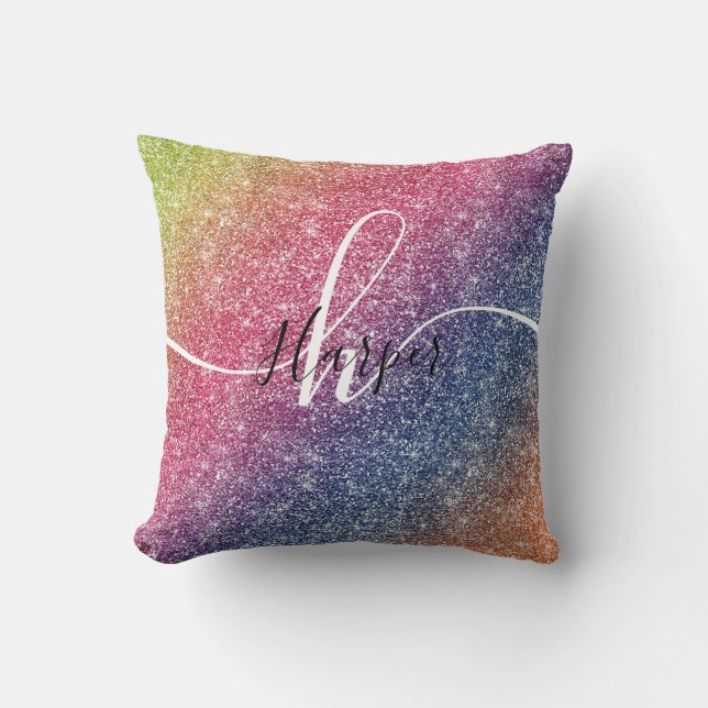 Rainbow Glitzer Monogram Name Throw Kissen (Vorderseite)